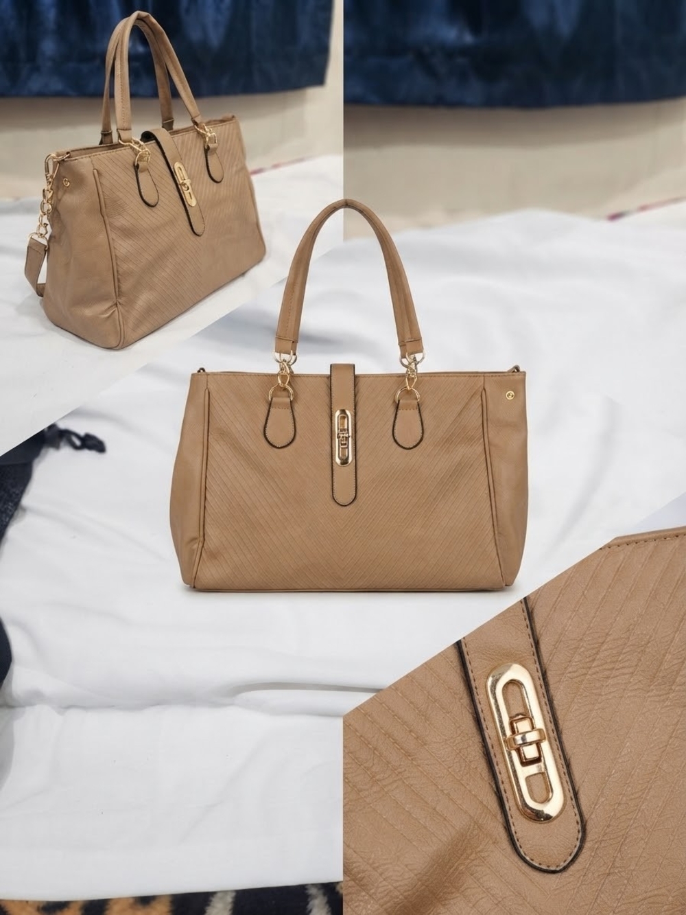 Tan Faux Leather Satchel / Tote Bag with Gold Hardware